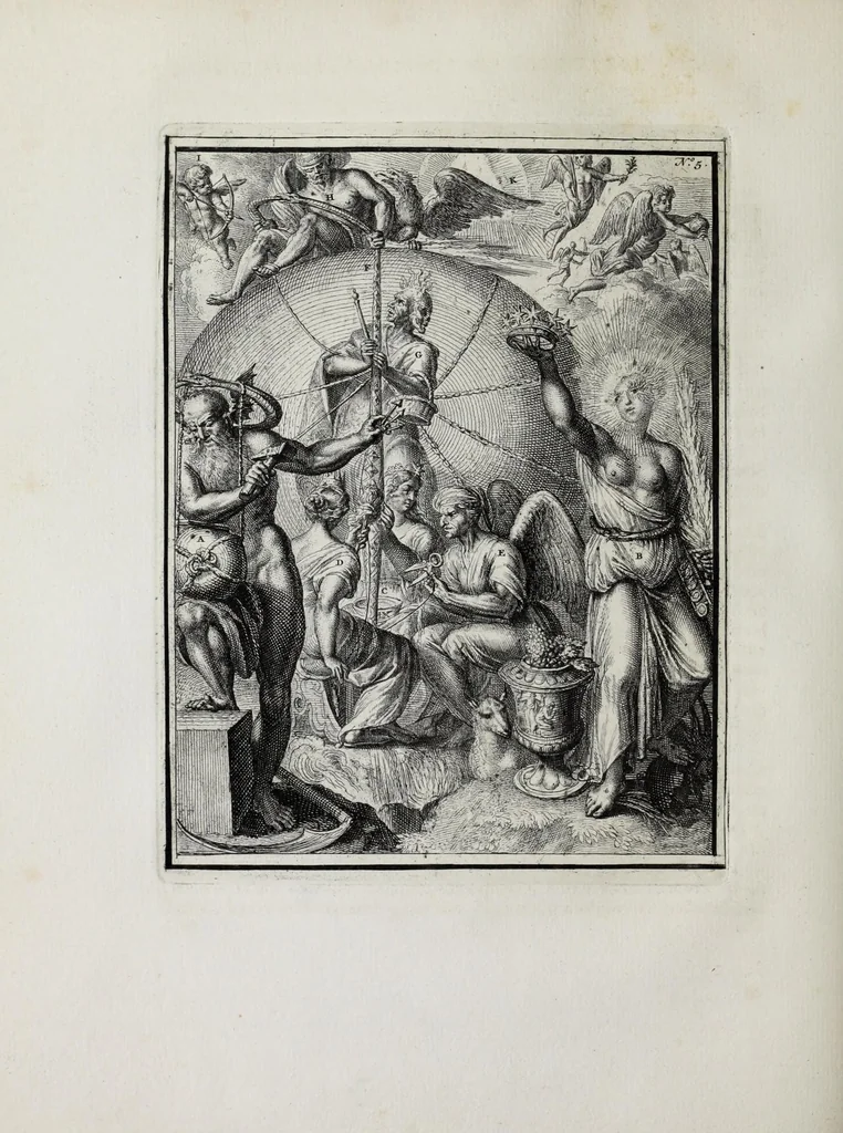 An illustration from Hieroglyphica of Merkbeelden der oude volkeren : namentlyk Egyptenaren, Chaldeeuwen, Feniciers, Joden, Grieken, Romeynen, enz. : nevens een omstandig bericht van het verval en voortkruypende verbastering der godsdiensten door verscheyde eeuwen : en eyndelyk de hervorming, tot op deze tyden toe vervolgt : in LXIII. hoofdstukken, en zoo veele kopere print-blaaden, 1735, leaf 106