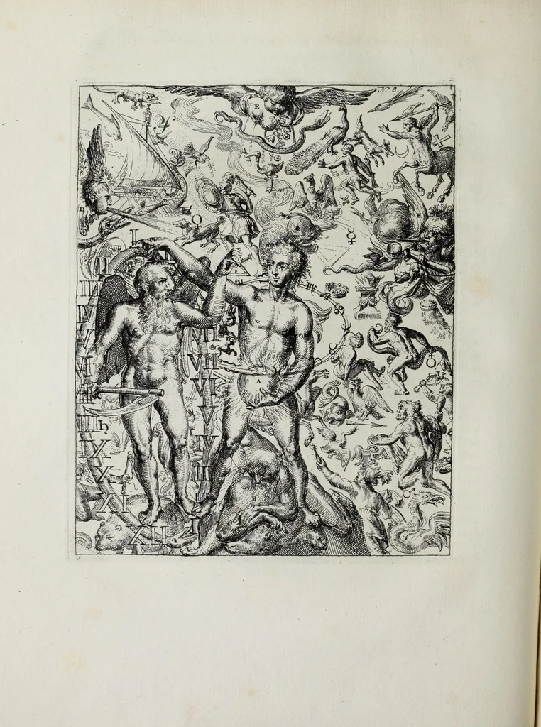 An illustration from Hieroglyphica of Merkbeelden der oude volkeren : namentlyk Egyptenaren, Chaldeeuwen, Feniciers, Joden, Grieken, Romeynen, enz. : nevens een omstandig bericht van het verval en voortkruypende verbastering der godsdiensten door verscheyde eeuwen : en eyndelyk de hervorming, tot op deze tyden toe vervolgt : in LXIII. hoofdstukken, en zoo veele kopere print-blaaden, 1735, leaf 140