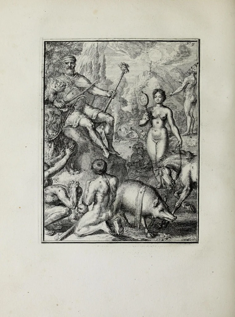 An illustration from Hieroglyphica of Merkbeelden der oude volkeren : namentlyk Egyptenaren, Chaldeeuwen, Feniciers, Joden, Grieken, Romeynen, enz. : nevens een omstandig bericht van het verval en voortkruypende verbastering der godsdiensten door verscheyde eeuwen : en eyndelyk de hervorming, tot op deze tyden toe vervolgt : in LXIII. hoofdstukken, en zoo veele kopere print-blaaden, 1735, leaf 212