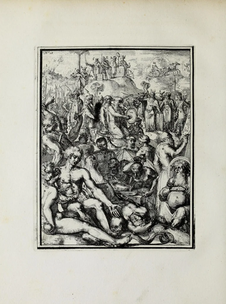 An illustration from Hieroglyphica of Merkbeelden der oude volkeren : namentlyk Egyptenaren, Chaldeeuwen, Feniciers, Joden, Grieken, Romeynen, enz. : nevens een omstandig bericht van het verval en voortkruypende verbastering der godsdiensten door verscheyde eeuwen : en eyndelyk de hervorming, tot op deze tyden toe vervolgt : in LXIII. hoofdstukken, en zoo veele kopere print-blaaden, 1735, leaf 234