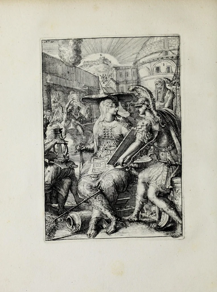 An illustration from Hieroglyphica of Merkbeelden der oude volkeren : namentlyk Egyptenaren, Chaldeeuwen, Feniciers, Joden, Grieken, Romeynen, enz. : nevens een omstandig bericht van het verval en voortkruypende verbastering der godsdiensten door verscheyde eeuwen : en eyndelyk de hervorming, tot op deze tyden toe vervolgt : in LXIII. hoofdstukken, en zoo veele kopere print-blaaden, 1735, leaf 254