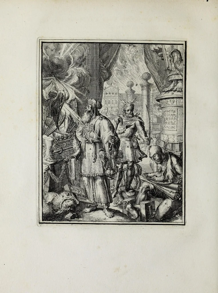 An illustration from Hieroglyphica of Merkbeelden der oude volkeren : namentlyk Egyptenaren, Chaldeeuwen, Feniciers, Joden, Grieken, Romeynen, enz. : nevens een omstandig bericht van het verval en voortkruypende verbastering der godsdiensten door verscheyde eeuwen : en eyndelyk de hervorming, tot op deze tyden toe vervolgt : in LXIII. hoofdstukken, en zoo veele kopere print-blaaden, 1735, leaf 264