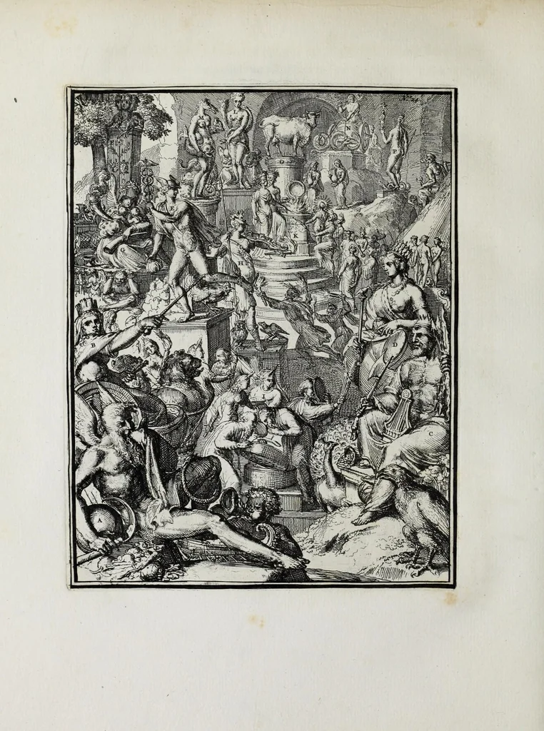 An illustration from Hieroglyphica of Merkbeelden der oude volkeren : namentlyk Egyptenaren, Chaldeeuwen, Feniciers, Joden, Grieken, Romeynen, enz. : nevens een omstandig bericht van het verval en voortkruypende verbastering der godsdiensten door verscheyde eeuwen : en eyndelyk de hervorming, tot op deze tyden toe vervolgt : in LXIII. hoofdstukken, en zoo veele kopere print-blaaden, 1735, leaf 282