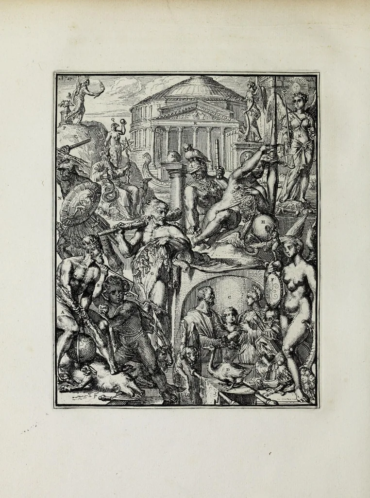 An illustration from Hieroglyphica of Merkbeelden der oude volkeren : namentlyk Egyptenaren, Chaldeeuwen, Feniciers, Joden, Grieken, Romeynen, enz. : nevens een omstandig bericht van het verval en voortkruypende verbastering der godsdiensten door verscheyde eeuwen : en eyndelyk de hervorming, tot op deze tyden toe vervolgt : in LXIII. hoofdstukken, en zoo veele kopere print-blaaden, 1735, leaf 312
