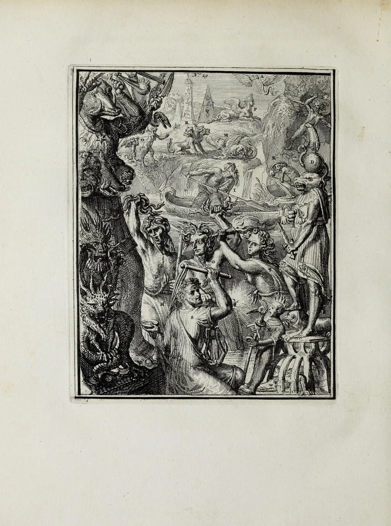 An illustration from Hieroglyphica of Merkbeelden der oude volkeren : namentlyk Egyptenaren, Chaldeeuwen, Feniciers, Joden, Grieken, Romeynen, enz. : nevens een omstandig bericht van het verval en voortkruypende verbastering der godsdiensten door verscheyde eeuwen : en eyndelyk de hervorming, tot op deze tyden toe vervolgt : in LXIII. hoofdstukken, en zoo veele kopere print-blaaden, 1735, leaf 328