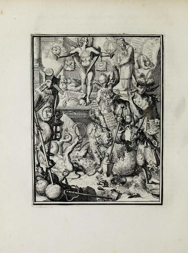 An illustration from Hieroglyphica of Merkbeelden der oude volkeren : namentlyk Egyptenaren, Chaldeeuwen, Feniciers, Joden, Grieken, Romeynen, enz. : nevens een omstandig bericht van het verval en voortkruypende verbastering der godsdiensten door verscheyde eeuwen : en eyndelyk de hervorming, tot op deze tyden toe vervolgt : in LXIII. hoofdstukken, en zoo veele kopere print-blaaden, 1735, leaf 382