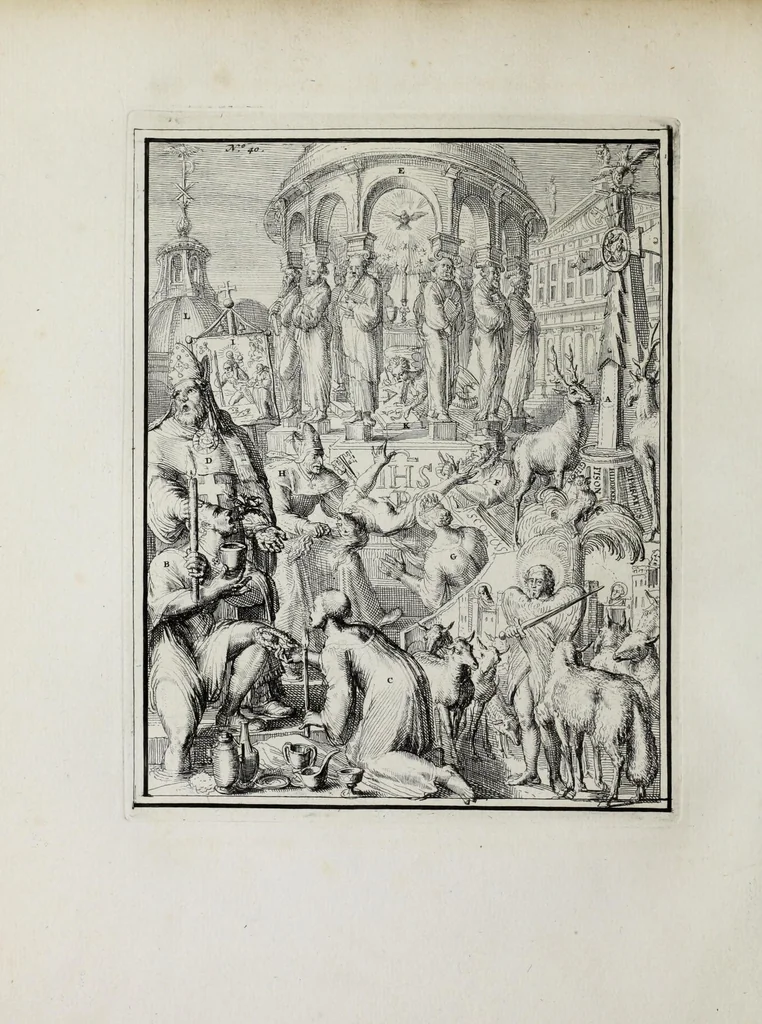 An illustration from Hieroglyphica of Merkbeelden der oude volkeren : namentlyk Egyptenaren, Chaldeeuwen, Feniciers, Joden, Grieken, Romeynen, enz. : nevens een omstandig bericht van het verval en voortkruypende verbastering der godsdiensten door verscheyde eeuwen : en eyndelyk de hervorming, tot op deze tyden toe vervolgt : in LXIII. hoofdstukken, en zoo veele kopere print-blaaden, 1735, leaf 406