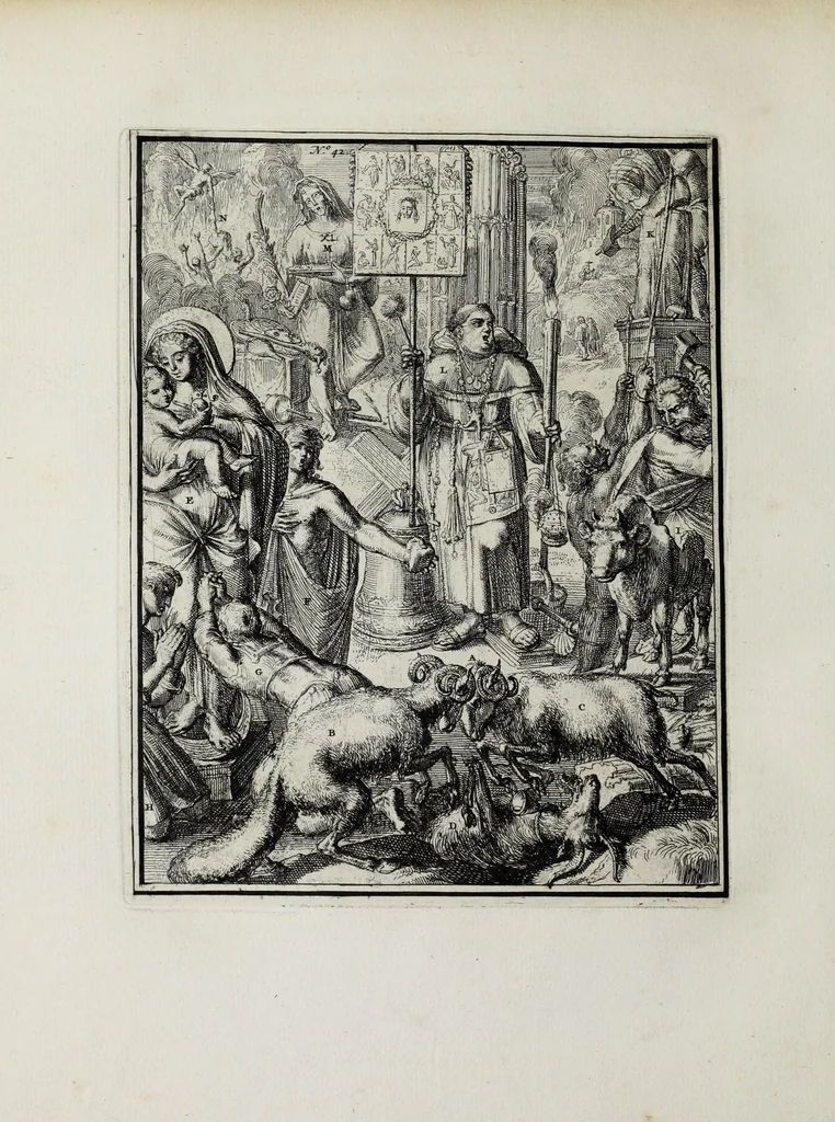 An illustration from Hieroglyphica of Merkbeelden der oude volkeren : namentlyk Egyptenaren, Chaldeeuwen, Feniciers, Joden, Grieken, Romeynen, enz. : nevens een omstandig bericht van het verval en voortkruypende verbastering der godsdiensten door verscheyde eeuwen : en eyndelyk de hervorming, tot op deze tyden toe vervolgt : in LXIII. hoofdstukken, en zoo veele kopere print-blaaden, 1735, leaf 424