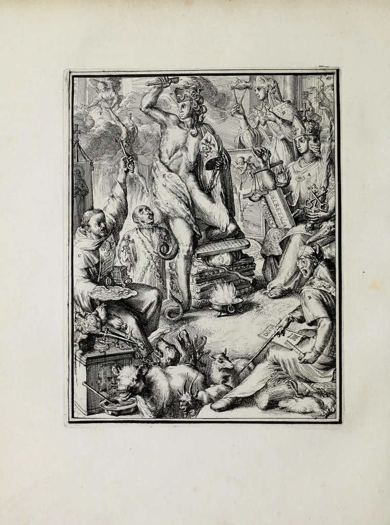 An illustration from Hieroglyphica of Merkbeelden der oude volkeren : namentlyk Egyptenaren, Chaldeeuwen, Feniciers, Joden, Grieken, Romeynen, enz. : nevens een omstandig bericht van het verval en voortkruypende verbastering der godsdiensten door verscheyde eeuwen : en eyndelyk de hervorming, tot op deze tyden toe vervolgt : in LXIII. hoofdstukken, en zoo veele kopere print-blaaden, 1735, leaf 484