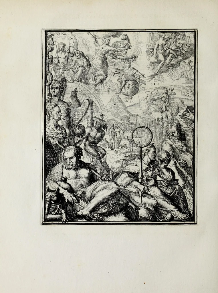 An illustration from Hieroglyphica of Merkbeelden der oude volkeren : namentlyk Egyptenaren, Chaldeeuwen, Feniciers, Joden, Grieken, Romeynen, enz. : nevens een omstandig bericht van het verval en voortkruypende verbastering der godsdiensten door verscheyde eeuwen : en eyndelyk de hervorming, tot op deze tyden toe vervolgt : in LXIII. hoofdstukken, en zoo veele kopere print-blaaden, 1735, leaf 596