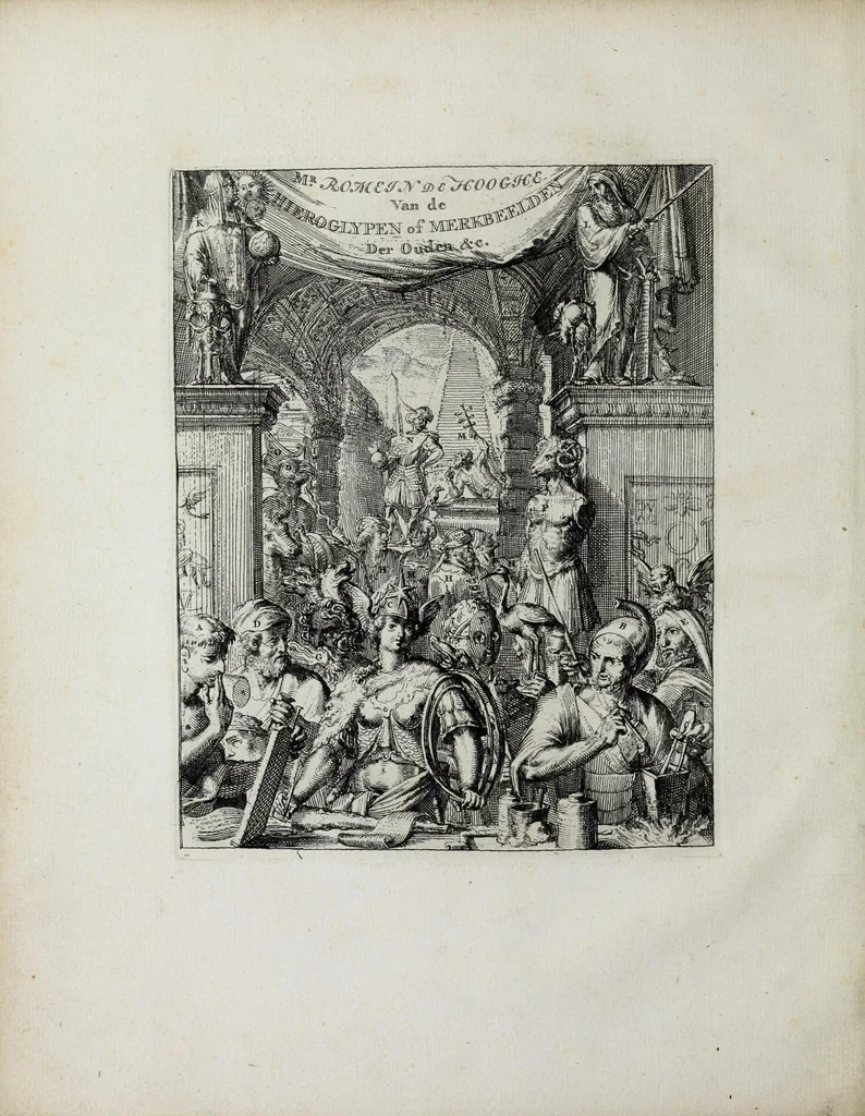 An illustration from Hieroglyphica of Merkbeelden der oude volkeren : namentlyk Egyptenaren, Chaldeeuwen, Feniciers, Joden, Grieken, Romeynen, enz. : nevens een omstandig bericht van het verval en voortkruypende verbastering der godsdiensten door verscheyde eeuwen : en eyndelyk de hervorming, tot op deze tyden toe vervolgt : in LXIII. hoofdstukken, en zoo veele kopere print-blaaden, 1735, leaf 8