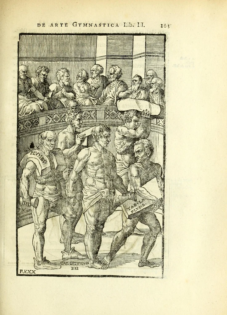 An illustration from Hieronymi Mercurialis Foroliviensis De arte gymnastica libri sex : in quibus exercitationum omnium vetustarum genera, loca, modi, facultates, & quidquid denique ad corporis humani exercitationes pertinet diligenter explicatur, 1672, leaf 185