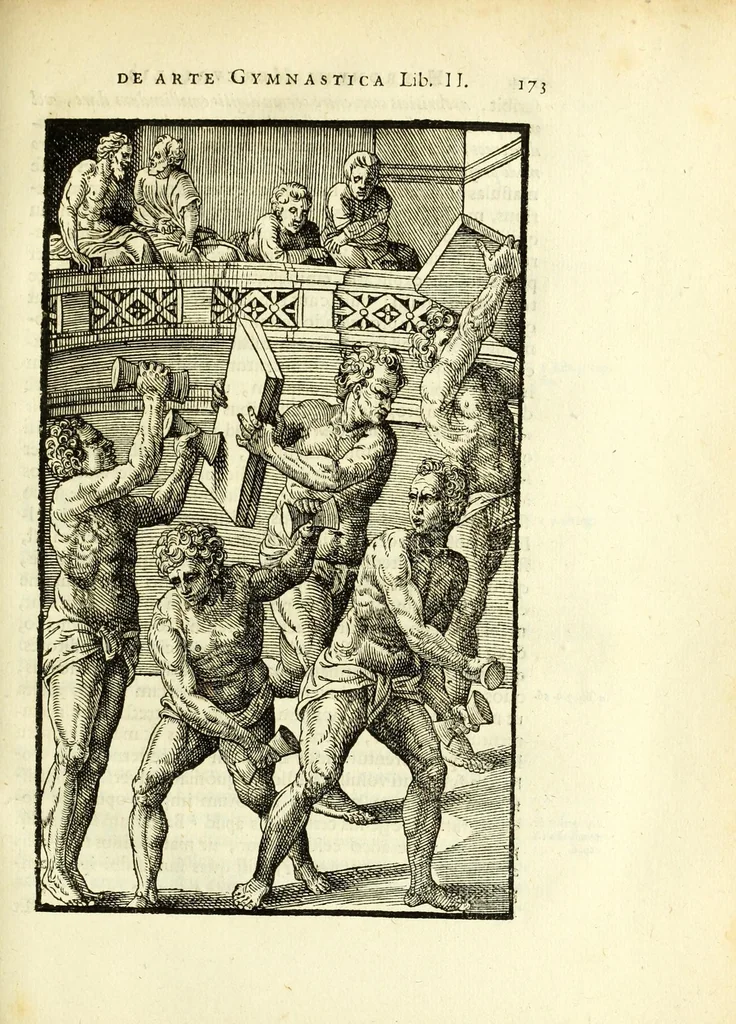 An illustration from Hieronymi Mercurialis Foroliviensis De arte gymnastica libri sex : in quibus exercitationum omnium vetustarum genera, loca, modi, facultates, & quidquid denique ad corporis humani exercitationes pertinet diligenter explicatur, 1672, leaf 195