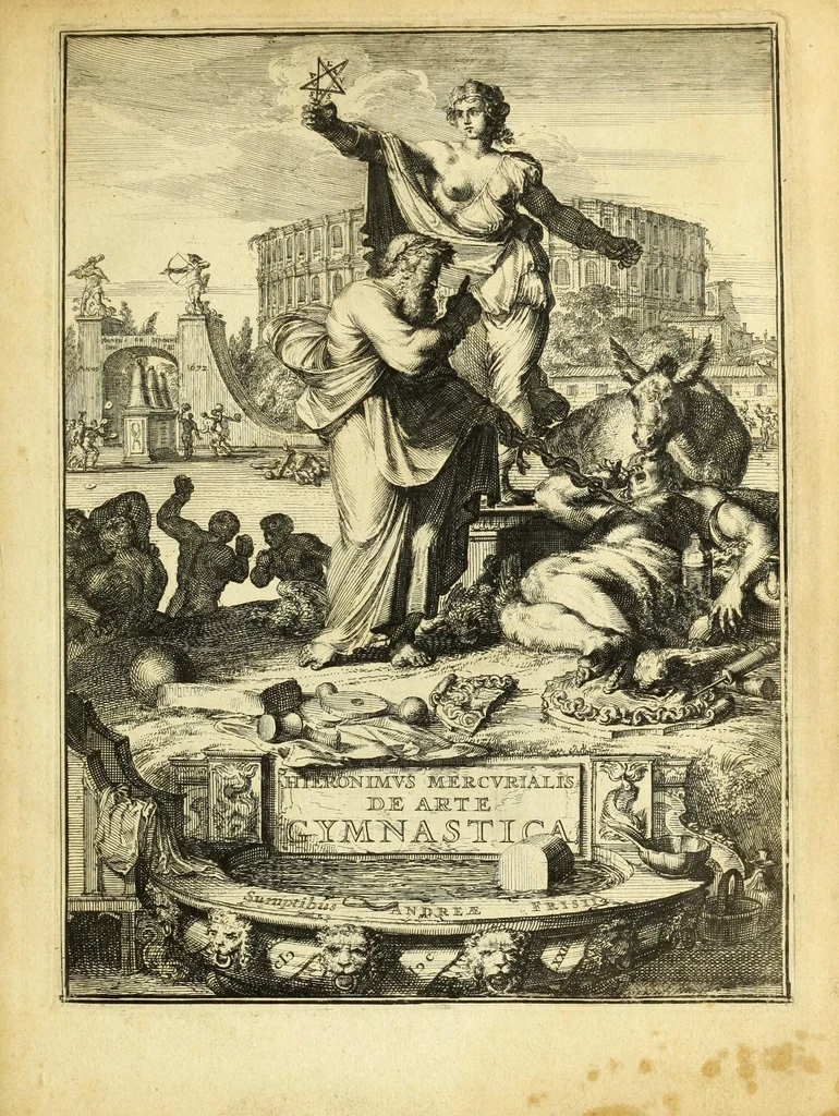 An illustration from Hieronymi Mercurialis Foroliviensis De arte gymnastica libri sex : in quibus exercitationum omnium vetustarum genera, loca, modi, facultates, & quidquid denique ad corporis humani exercitationes pertinet diligenter explicatur, 1672, leaf 7