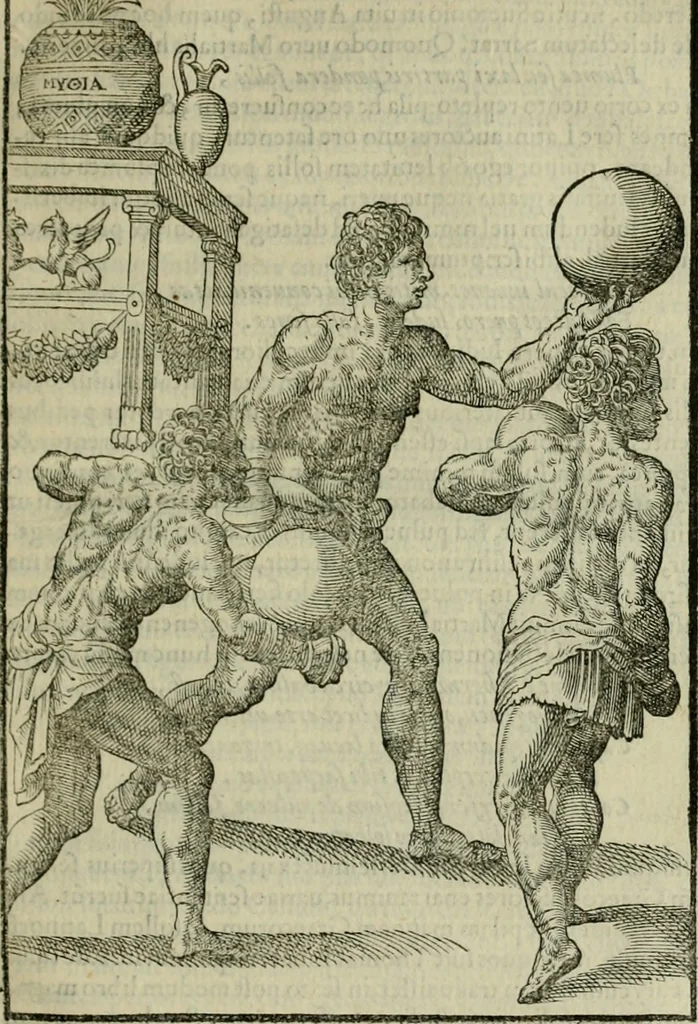 An illustration from Hieronymi Mercvrialis De arte gymnastica libri sex : in quibus exercitationum omnium vetustarum genera, loca, modi, facultates, & quidquid deniq. ad corporis humani exercitationes pertinet, diligenter explicatur .., 1573, leaf 108