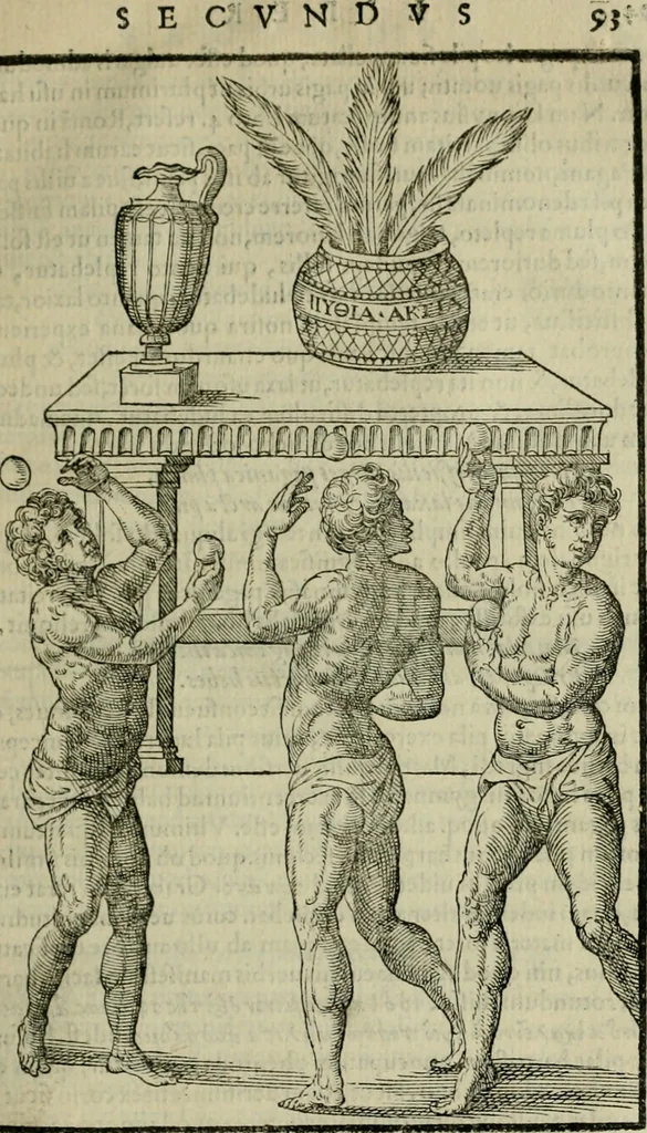 An illustration from Hieronymi Mercvrialis De arte gymnastica libri sex : in quibus exercitationum omnium vetustarum genera, loca, modi, facultates, & quidquid deniq. ad corporis humani exercitationes pertinet, diligenter explicatur .., 1573, leaf 112