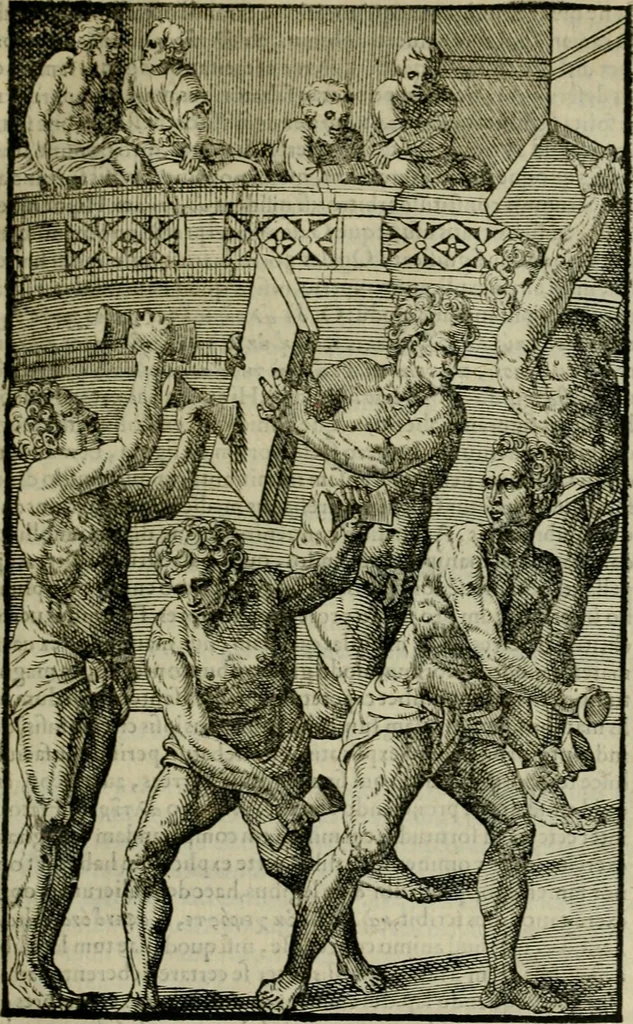 An illustration from Hieronymi Mercvrialis De arte gymnastica libri sex : in quibus exercitationum omnium vetustarum genera, loca, modi, facultates, & quidquid deniq. ad corporis humani exercitationes pertinet, diligenter explicatur .., 1573, leaf 146