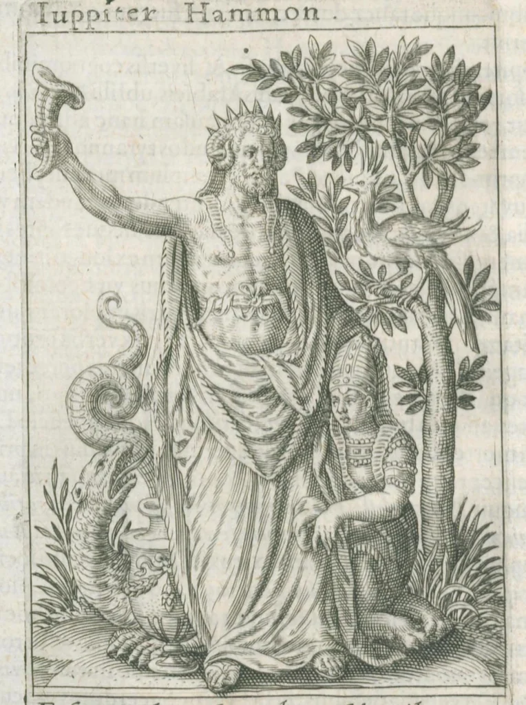 An illustration from Tractatus posthumus Jani Jacobi Boissardi Vesvuntini de divinatione et magicis præstigiis: quarum veritas ac vanitas solidè exponitur per descriptionem deorum fatidicorum qui olim responsa dederunt; eorundemque prophetarum, sacerdotum, Phoebadum, Sibyllarum et divinorum qui priscis temporibus celebres oraculis exstiterunt / Adjunctis simul omnium effigiebus, ab ipso autore ... delineatis ; jam ... æri incisis per Joh. Theodor. de Bry, 1611, leaf 131