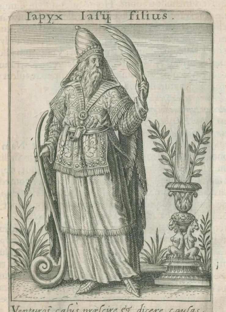 An illustration from Tractatus posthumus Jani Jacobi Boissardi Vesvuntini de divinatione et magicis præstigiis: quarum veritas ac vanitas solidè exponitur per descriptionem deorum fatidicorum qui olim responsa dederunt; eorundemque prophetarum, sacerdotum, Phoebadum, Sibyllarum et divinorum qui priscis temporibus celebres oraculis exstiterunt / Adjunctis simul omnium effigiebus, ab ipso autore ... delineatis ; jam ... æri incisis per Joh. Theodor. de Bry, 1611, leaf 194
