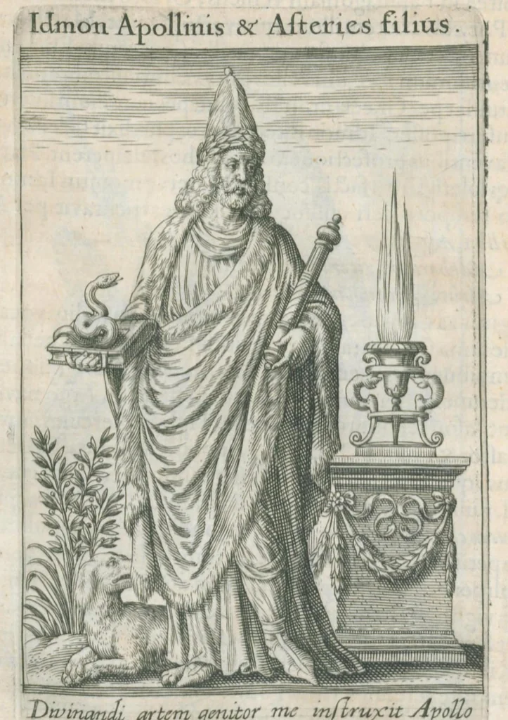 An illustration from Tractatus posthumus Jani Jacobi Boissardi Vesvuntini de divinatione et magicis præstigiis: quarum veritas ac vanitas solidè exponitur per descriptionem deorum fatidicorum qui olim responsa dederunt; eorundemque prophetarum, sacerdotum, Phoebadum, Sibyllarum et divinorum qui priscis temporibus celebres oraculis exstiterunt / Adjunctis simul omnium effigiebus, ab ipso autore ... delineatis ; jam ... æri incisis per Joh. Theodor. de Bry, 1611, leaf 199