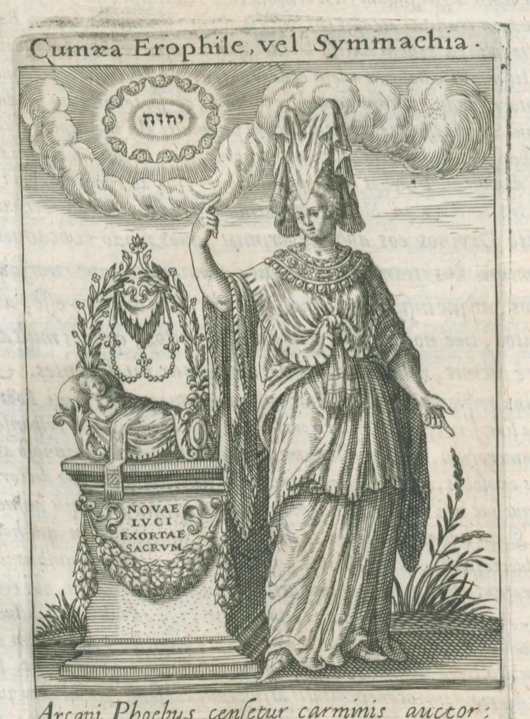 An illustration from Tractatus posthumus Jani Jacobi Boissardi Vesvuntini de divinatione et magicis præstigiis: quarum veritas ac vanitas solidè exponitur per descriptionem deorum fatidicorum qui olim responsa dederunt; eorundemque prophetarum, sacerdotum, Phoebadum, Sibyllarum et divinorum qui priscis temporibus celebres oraculis exstiterunt / Adjunctis simul omnium effigiebus, ab ipso autore ... delineatis ; jam ... æri incisis per Joh. Theodor. de Bry, 1611, leaf 259