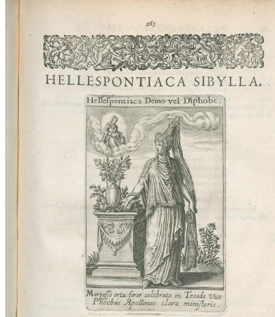 An illustration from Tractatus posthumus Jani Jacobi Boissardi Vesvuntini de divinatione et magicis præstigiis: quarum veritas ac vanitas solidè exponitur per descriptionem deorum fatidicorum qui olim responsa dederunt; eorundemque prophetarum, sacerdotum, Phoebadum, Sibyllarum et divinorum qui priscis temporibus celebres oraculis exstiterunt / Adjunctis simul omnium effigiebus, ab ipso autore ... delineatis ; jam ... æri incisis per Joh. Theodor. de Bry, 1611, leaf 291