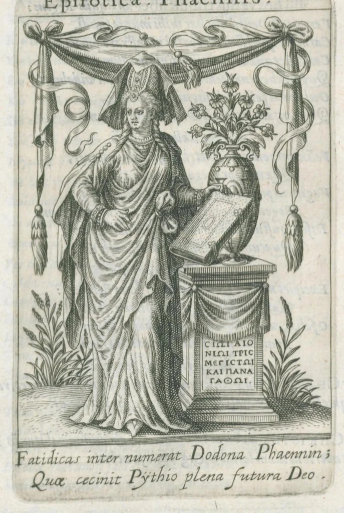 An illustration from Tractatus posthumus Jani Jacobi Boissardi Vesvuntini de divinatione et magicis præstigiis: quarum veritas ac vanitas solidè exponitur per descriptionem deorum fatidicorum qui olim responsa dederunt; eorundemque prophetarum, sacerdotum, Phoebadum, Sibyllarum et divinorum qui priscis temporibus celebres oraculis exstiterunt / Adjunctis simul omnium effigiebus, ab ipso autore ... delineatis ; jam ... æri incisis per Joh. Theodor. de Bry, 1611, leaf 308
