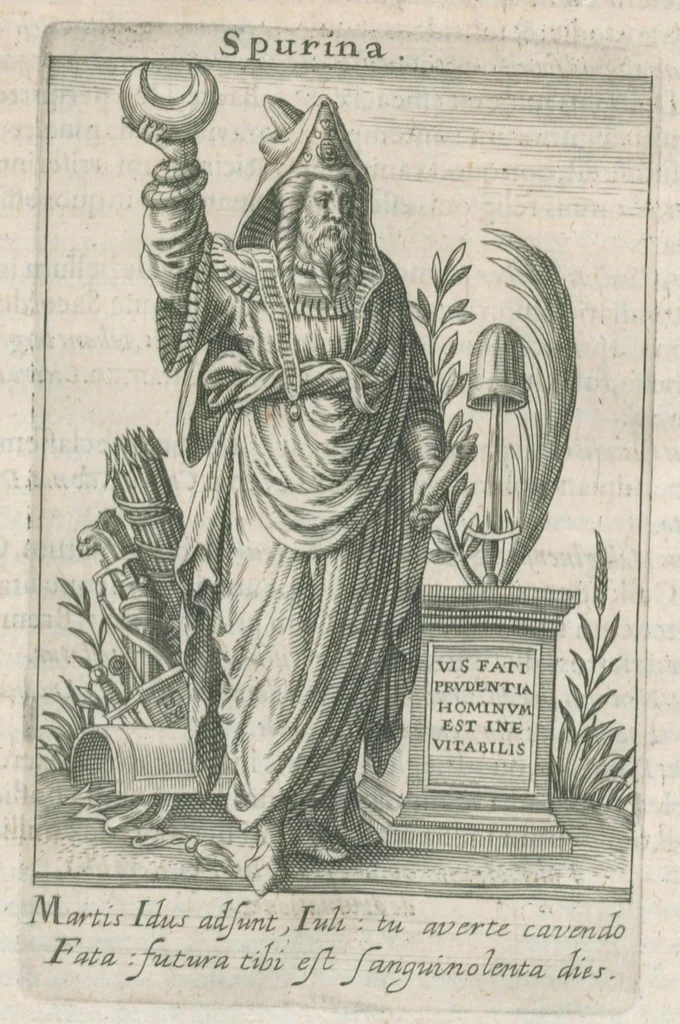 An illustration from Tractatus posthumus Jani Jacobi Boissardi Vesvuntini de divinatione et magicis præstigiis: quarum veritas ac vanitas solidè exponitur per descriptionem deorum fatidicorum qui olim responsa dederunt; eorundemque prophetarum, sacerdotum, Phoebadum, Sibyllarum et divinorum qui priscis temporibus celebres oraculis exstiterunt / Adjunctis simul omnium effigiebus, ab ipso autore ... delineatis ; jam ... æri incisis per Joh. Theodor. de Bry, 1611, leaf 348
