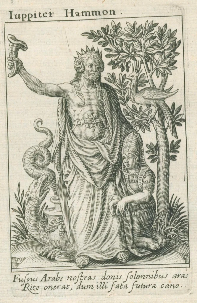 An illustration from Tractatus posthumus Jani Jacobi Boissardi Vesvuntini de divinatione et magicis præstigiis: quarum veritas ac vanitas solidè exponitur per descriptionem deorum fatidicorum qui olim responsa dederunt; eorundemque prophetarum, sacerdotum, Phoebadum, Sibyllarum et divinorum qui priscis temporibus celebres oraculis exstiterunt / Adjunctis simul omnium effigiebus, ab ipso autore ... delineatis ; jam ... æri incisis per Joh. Theodor. de Bry, 1611, leaf 123