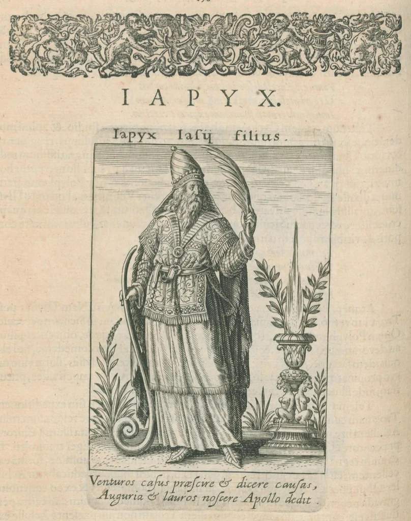 An illustration from Tractatus posthumus Jani Jacobi Boissardi Vesvuntini de divinatione et magicis præstigiis: quarum veritas ac vanitas solidè exponitur per descriptionem deorum fatidicorum qui olim responsa dederunt; eorundemque prophetarum, sacerdotum, Phoebadum, Sibyllarum et divinorum qui priscis temporibus celebres oraculis exstiterunt / Adjunctis simul omnium effigiebus, ab ipso autore ... delineatis ; jam ... æri incisis per Joh. Theodor. de Bry, 1611, leaf 186