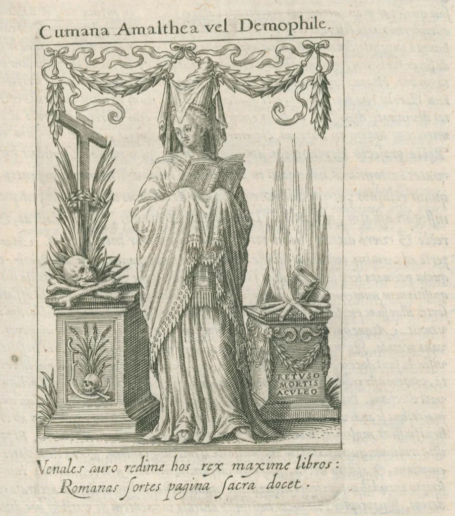 An illustration from Tractatus posthumus Jani Jacobi Boissardi Vesvuntini de divinatione et magicis præstigiis: quarum veritas ac vanitas solidè exponitur per descriptionem deorum fatidicorum qui olim responsa dederunt; eorundemque prophetarum, sacerdotum, Phoebadum, Sibyllarum et divinorum qui priscis temporibus celebres oraculis exstiterunt / Adjunctis simul omnium effigiebus, ab ipso autore ... delineatis ; jam ... æri incisis per Joh. Theodor. de Bry, 1611, leaf 251