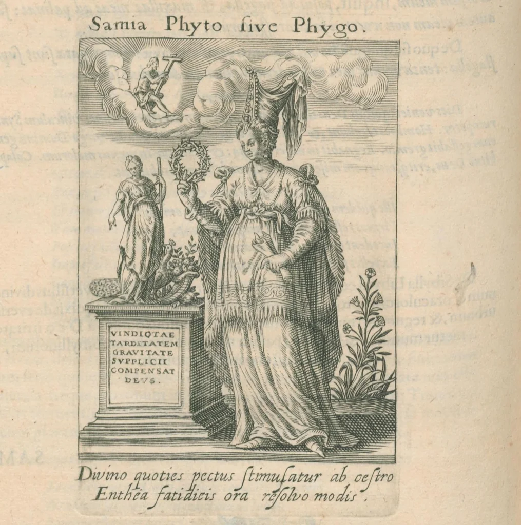 An illustration from Tractatus posthumus Jani Jacobi Boissardi Vesvuntini de divinatione et magicis præstigiis: quarum veritas ac vanitas solidè exponitur per descriptionem deorum fatidicorum qui olim responsa dederunt; eorundemque prophetarum, sacerdotum, Phoebadum, Sibyllarum et divinorum qui priscis temporibus celebres oraculis exstiterunt / Adjunctis simul omnium effigiebus, ab ipso autore ... delineatis ; jam ... æri incisis per Joh. Theodor. de Bry, 1611, leaf 278