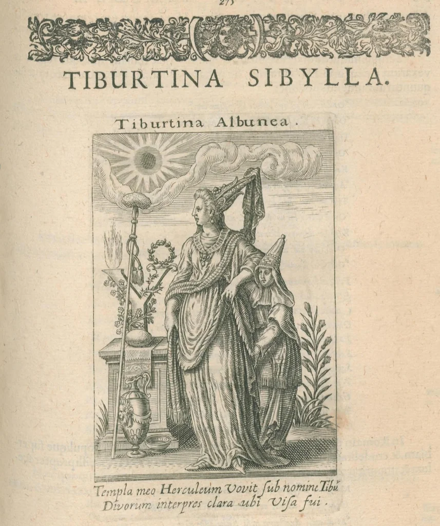An illustration from Tractatus posthumus Jani Jacobi Boissardi Vesvuntini de divinatione et magicis præstigiis: quarum veritas ac vanitas solidè exponitur per descriptionem deorum fatidicorum qui olim responsa dederunt; eorundemque prophetarum, sacerdotum, Phoebadum, Sibyllarum et divinorum qui priscis temporibus celebres oraculis exstiterunt / Adjunctis simul omnium effigiebus, ab ipso autore ... delineatis ; jam ... æri incisis per Joh. Theodor. de Bry, 1611, leaf 295