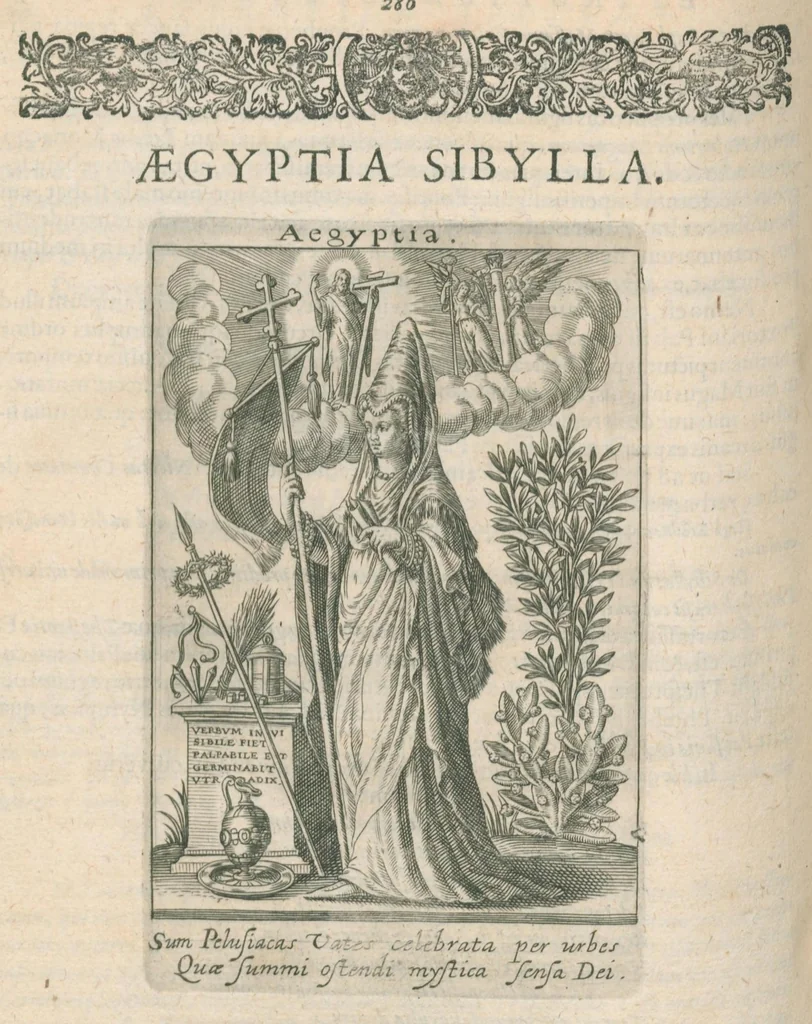 An illustration from Tractatus posthumus Jani Jacobi Boissardi Vesvuntini de divinatione et magicis præstigiis: quarum veritas ac vanitas solidè exponitur per descriptionem deorum fatidicorum qui olim responsa dederunt; eorundemque prophetarum, sacerdotum, Phoebadum, Sibyllarum et divinorum qui priscis temporibus celebres oraculis exstiterunt / Adjunctis simul omnium effigiebus, ab ipso autore ... delineatis ; jam ... æri incisis per Joh. Theodor. de Bry, 1611, leaf 306