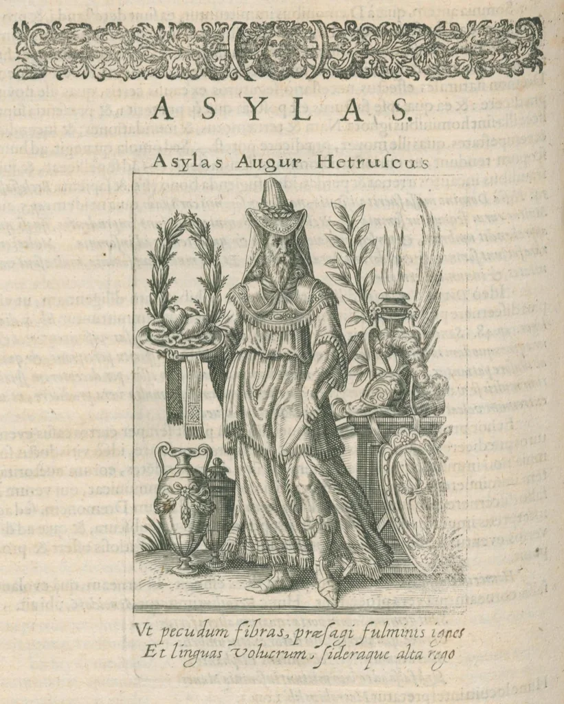An illustration from Tractatus posthumus Jani Jacobi Boissardi Vesvuntini de divinatione et magicis præstigiis: quarum veritas ac vanitas solidè exponitur per descriptionem deorum fatidicorum qui olim responsa dederunt; eorundemque prophetarum, sacerdotum, Phoebadum, Sibyllarum et divinorum qui priscis temporibus celebres oraculis exstiterunt / Adjunctis simul omnium effigiebus, ab ipso autore ... delineatis ; jam ... æri incisis per Joh. Theodor. de Bry, 1611, leaf 330