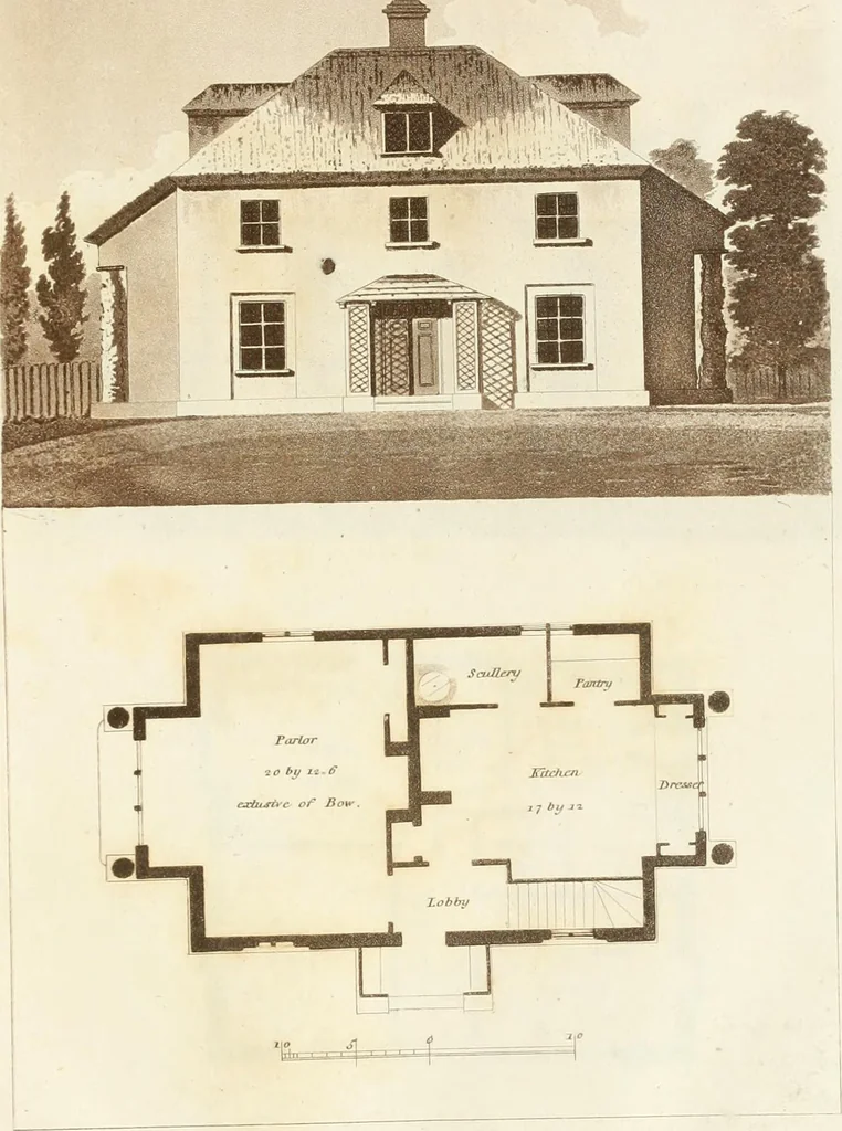 An illustration from Hints for dwellings : consisting of original designs for cottages, farm-houses, villas &c. plain and ornamental, with plans to each : in which strict attention is paid to unite convenience and elegance with economy : including some designs for town houses, 1801, leaf 20