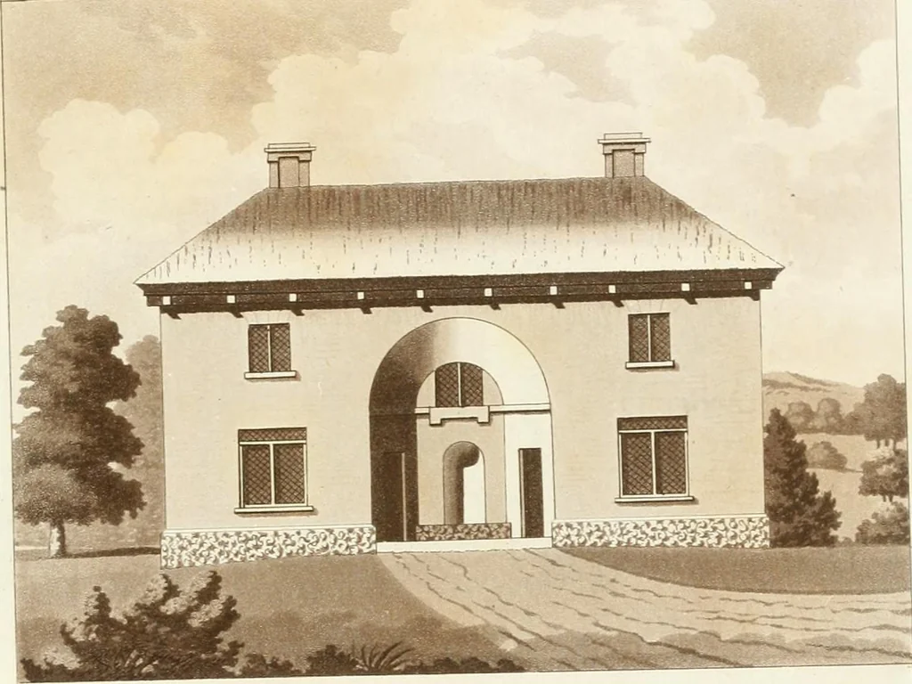 An illustration from Hints for dwellings : consisting of original designs for cottages, farm-houses, villas &c. plain and ornamental, with plans to each : in which strict attention is paid to unite convenience and elegance with economy : including some designs for town houses, 1801, leaf 28