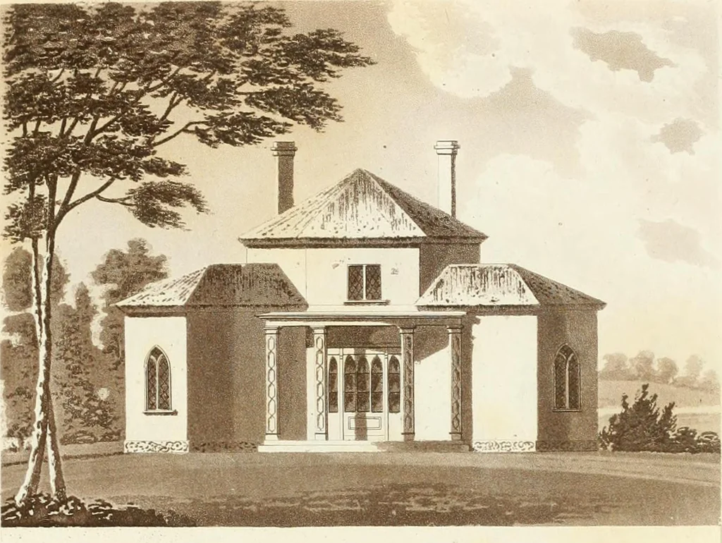 An illustration from Hints for dwellings : consisting of original designs for cottages, farm-houses, villas &c. plain and ornamental, with plans to each : in which strict attention is paid to unite convenience and elegance with economy : including some designs for town houses, 1801, leaf 30