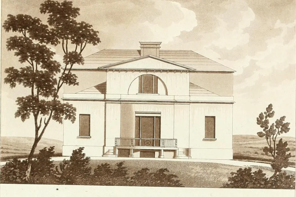 An illustration from Hints for dwellings : consisting of original designs for cottages, farm-houses, villas &c. plain and ornamental, with plans to each : in which strict attention is paid to unite convenience and elegance with economy : including some designs for town houses, 1801, leaf 32