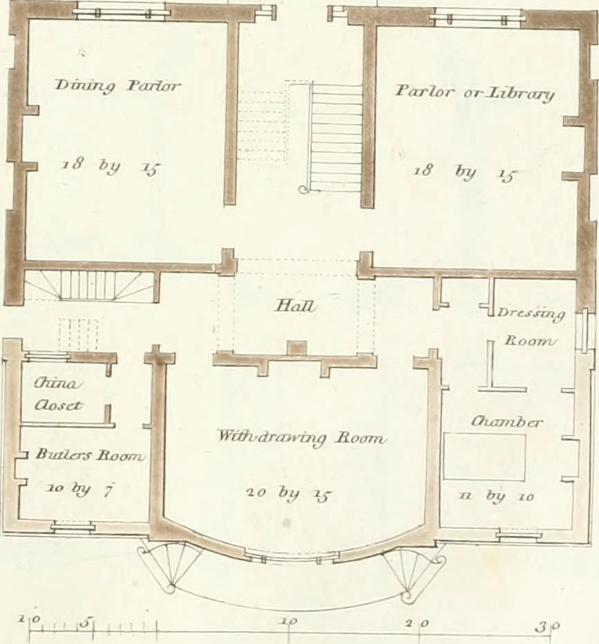 An illustration from Hints for dwellings : consisting of original designs for cottages, farm-houses, villas &c. plain and ornamental, with plans to each : in which strict attention is paid to unite convenience and elegance with economy : including some designs for town houses, 1801, leaf 32