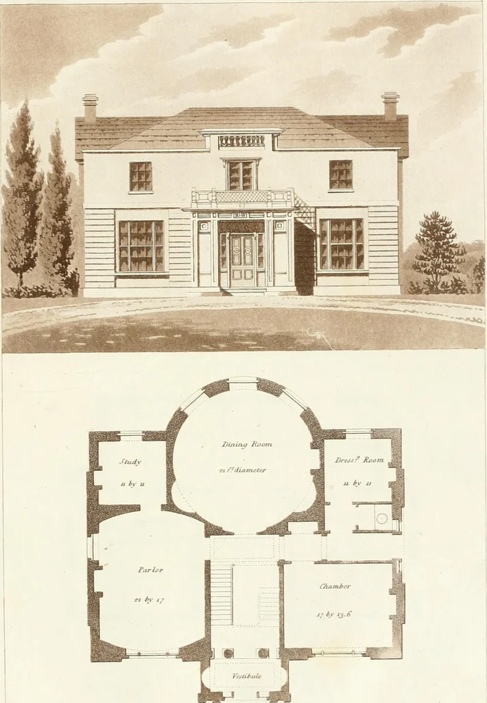 An illustration from Hints for dwellings : consisting of original designs for cottages, farm-houses, villas &c. plain and ornamental, with plans to each : in which strict attention is paid to unite convenience and elegance with economy : including some designs for town houses, 1801, leaf 34