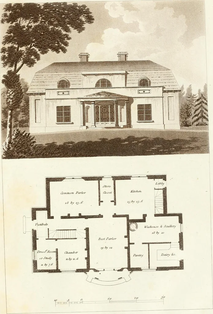 An illustration from Hints for dwellings : consisting of original designs for cottages, farm-houses, villas &c. plain and ornamental, with plans to each : in which strict attention is paid to unite convenience and elegance with economy : including some designs for town houses, 1801, leaf 36
