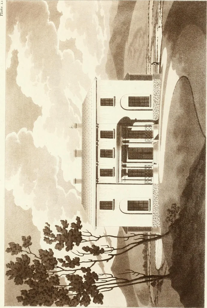 An illustration from Hints for dwellings : consisting of original designs for cottages, farm-houses, villas &c. plain and ornamental, with plans to each : in which strict attention is paid to unite convenience and elegance with economy : including some designs for town houses, 1801, leaf 42