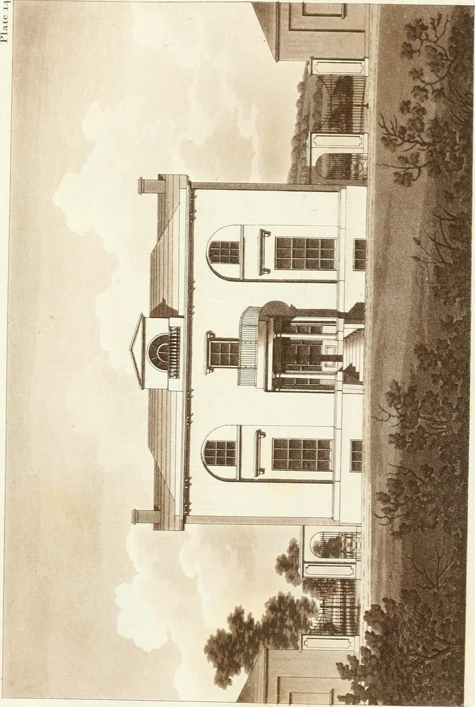 An illustration from Hints for dwellings : consisting of original designs for cottages, farm-houses, villas &c. plain and ornamental, with plans to each : in which strict attention is paid to unite convenience and elegance with economy : including some designs for town houses, 1801, leaf 46