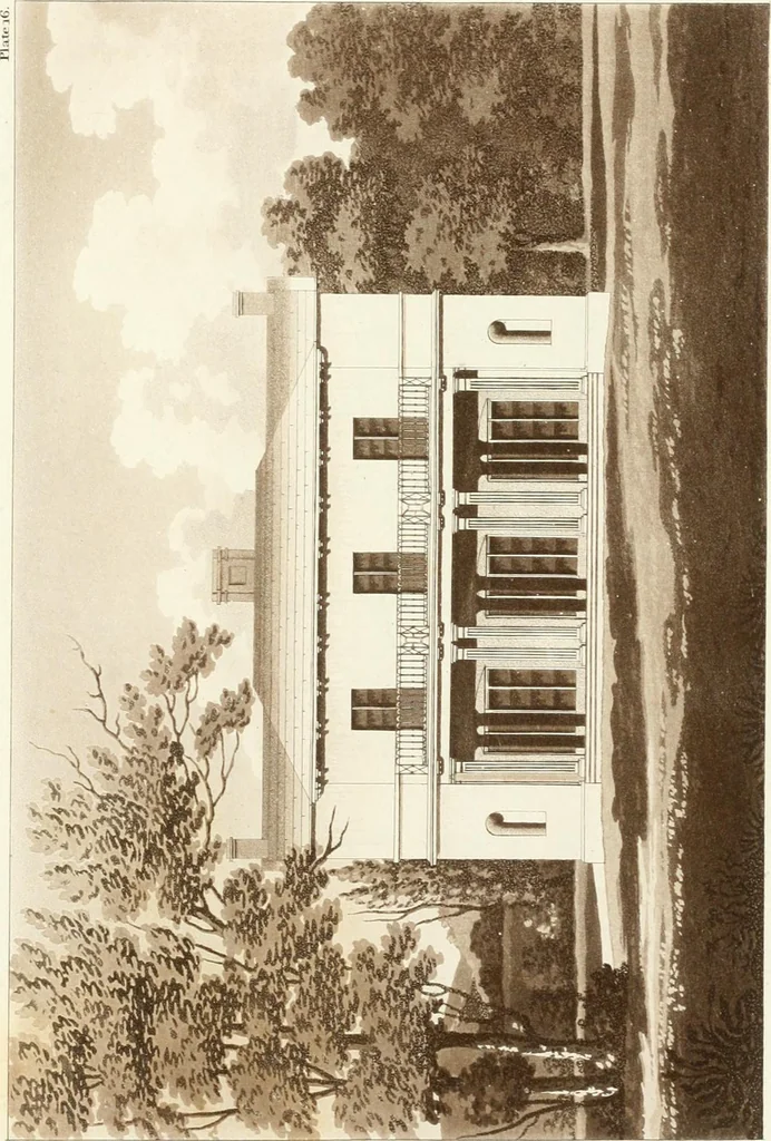 An illustration from Hints for dwellings : consisting of original designs for cottages, farm-houses, villas &c. plain and ornamental, with plans to each : in which strict attention is paid to unite convenience and elegance with economy : including some designs for town houses, 1801, leaf 50