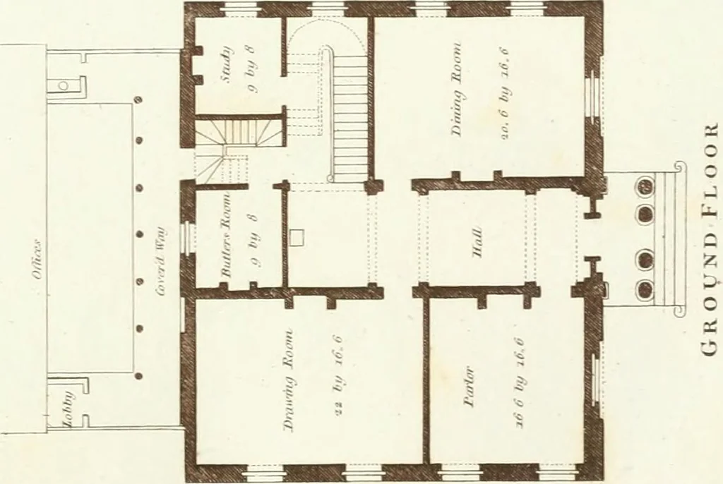 An illustration from Hints for dwellings : consisting of original designs for cottages, farm-houses, villas &c. plain and ornamental, with plans to each : in which strict attention is paid to unite convenience and elegance with economy : including some designs for town houses, 1801, leaf 52