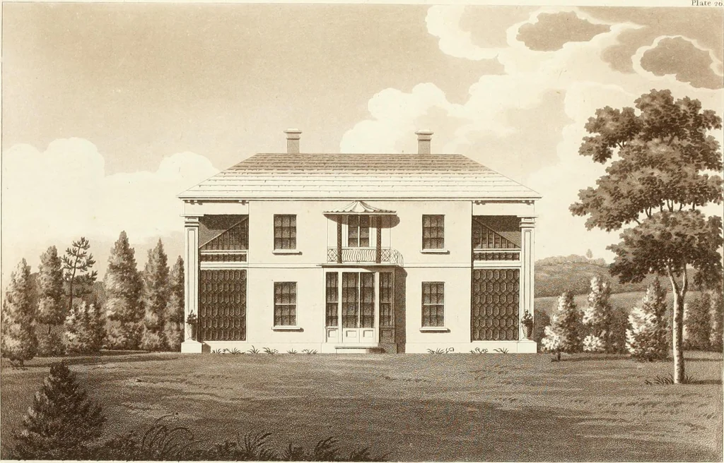 An illustration from Hints for dwellings : consisting of original designs for cottages, farm-houses, villas &c. plain and ornamental, with plans to each : in which strict attention is paid to unite convenience and elegance with economy : including some designs for town houses, 1801, leaf 58