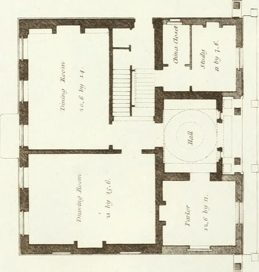 An illustration from Hints for dwellings : consisting of original designs for cottages, farm-houses, villas &c. plain and ornamental, with plans to each : in which strict attention is paid to unite convenience and elegance with economy : including some designs for town houses, 1801, leaf 60