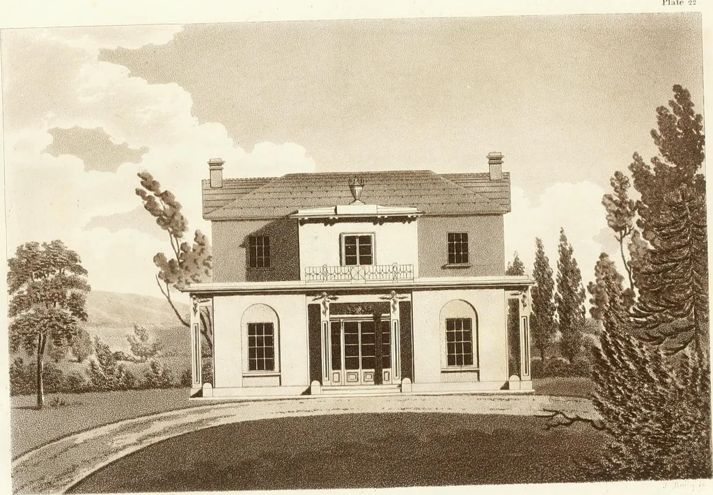 An illustration from Hints for dwellings : consisting of original designs for cottages, farm-houses, villas &c. plain and ornamental, with plans to each : in which strict attention is paid to unite convenience and elegance with economy : including some designs for town houses, 1801, leaf 62