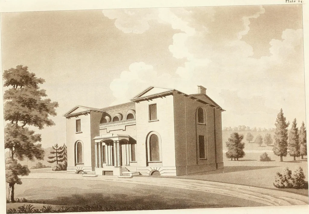 An illustration from Hints for dwellings : consisting of original designs for cottages, farm-houses, villas &c. plain and ornamental, with plans to each : in which strict attention is paid to unite convenience and elegance with economy : including some designs for town houses, 1801, leaf 66